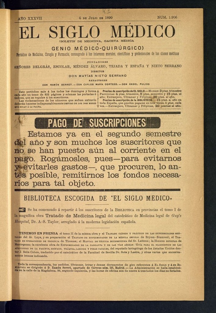 Miniatura de El Siglo Médico: boletín de medicina y gaceta médica del 6 de julio de 1890