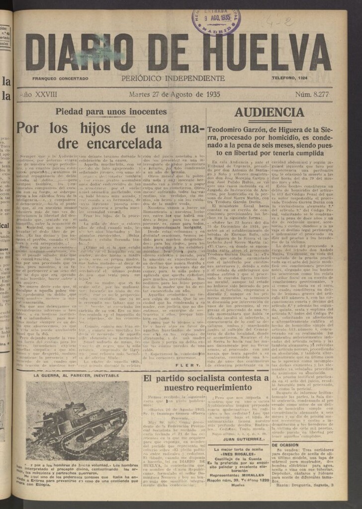 Miniatura de Diario de Huelva : periódico independiente del 27 de agosto de 1935
