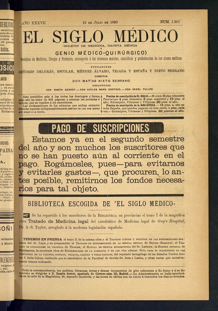 Miniatura de El Siglo Médico: boletín de medicina y gaceta médica del 13 de julio de 1890