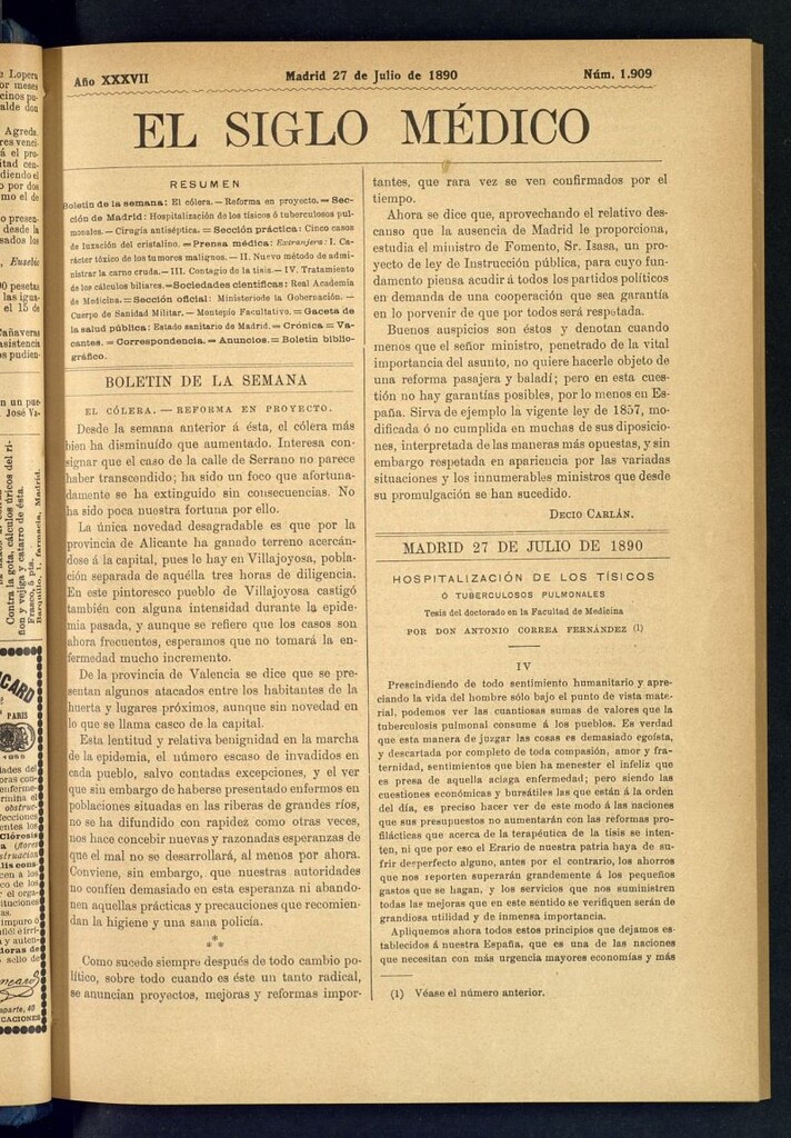 Miniatura de El Siglo Médico: boletín de medicina y gaceta médica del 27 de julio de 1890
