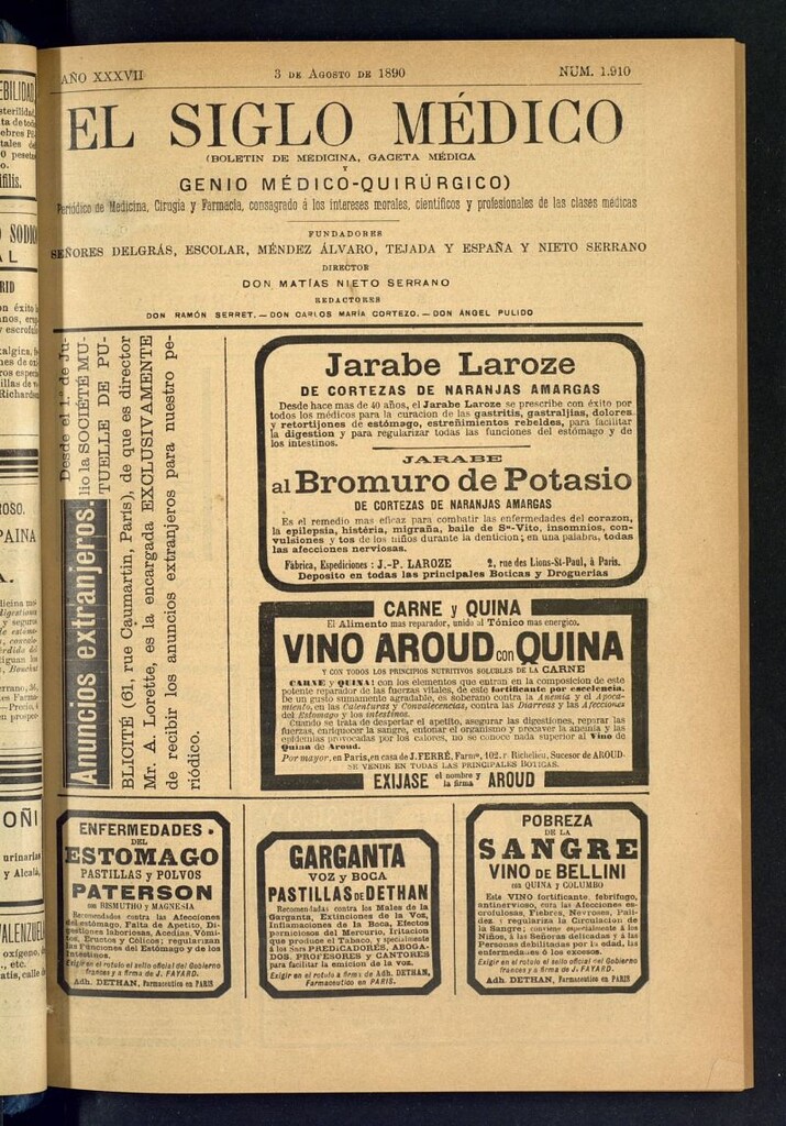 Miniatura de El Siglo Médico: boletín de medicina y gaceta médica del 3 de agosto de 1890