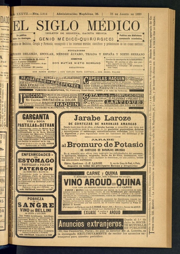 Miniatura de El Siglo Médico: boletín de medicina y gaceta médica del 31 de agosto de 1890