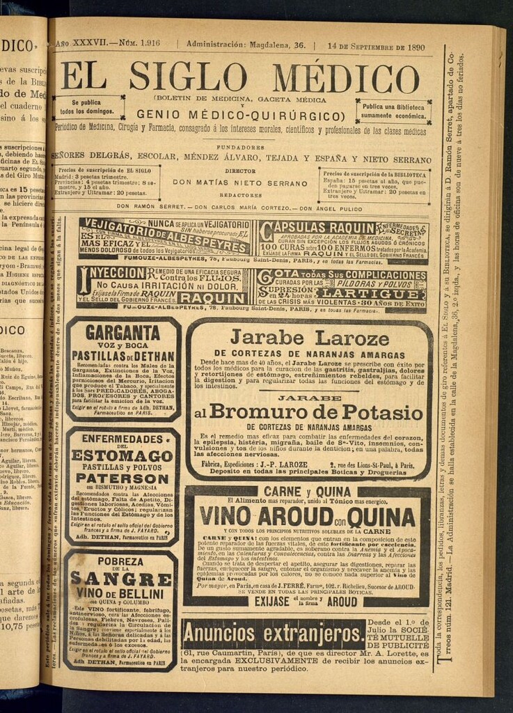Miniatura de El Siglo Médico: boletín de medicina y gaceta médica del 14 de septiembre de 1890