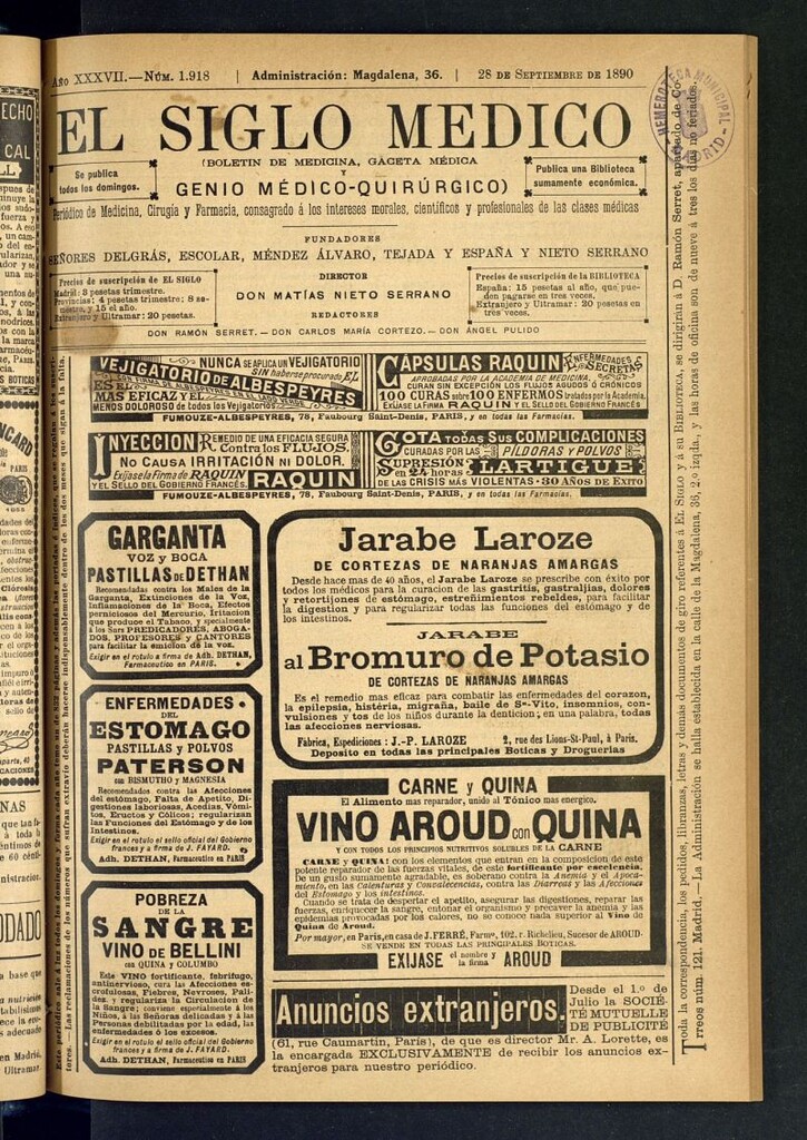 Miniatura de El Siglo Médico: boletín de medicina y gaceta médica del 28 de septiembre de 1890