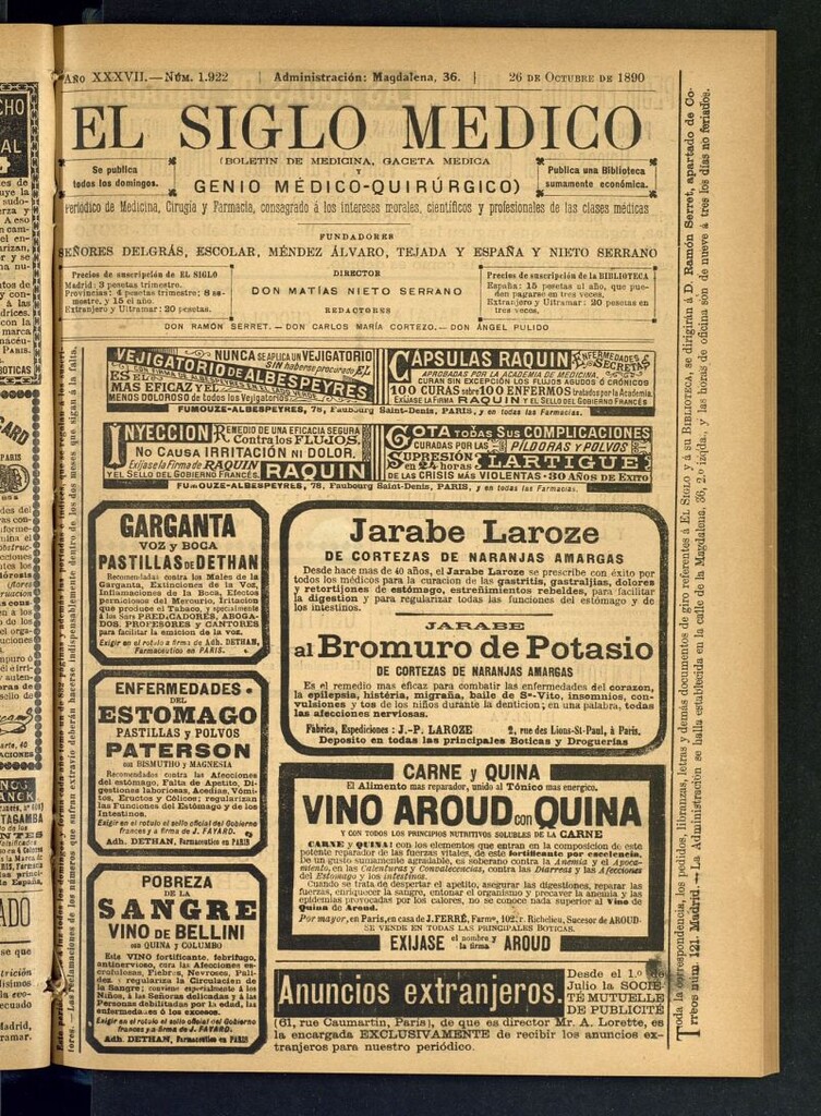 Miniatura de El Siglo Médico: boletín de medicina y gaceta médica del 26 de octubre de 1890