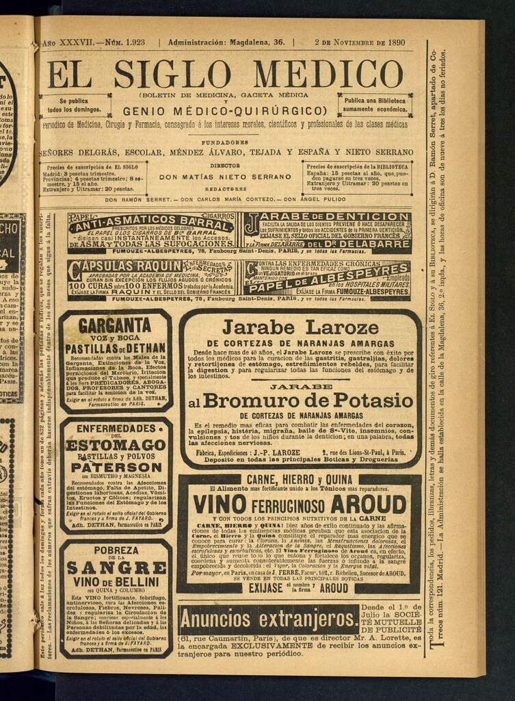 Miniatura de El Siglo Médico: boletín de medicina y gaceta médica del 2 de noviembre de 1890