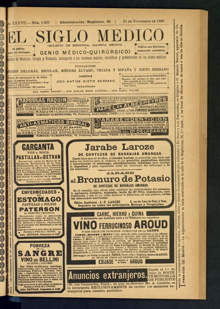 Miniatura de El Siglo Médico: boletín de medicina y gaceta médica del 30 de noviembre de 1890