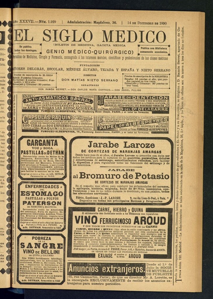 Miniatura de El Siglo Médico: boletín de medicina y gaceta médica del 14 de diciembre de 1890