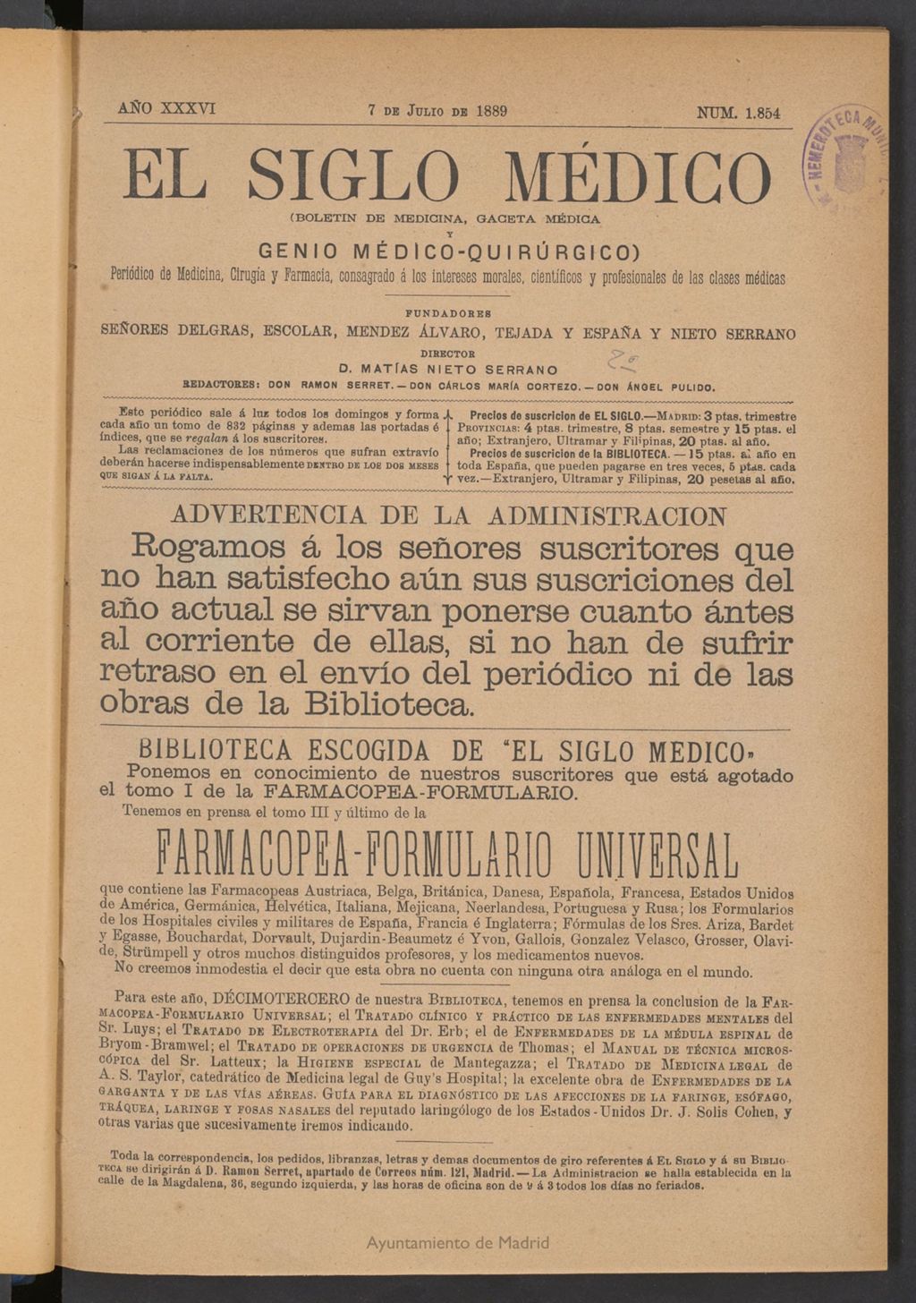 Miniatura de El Siglo Médico: boletín de medicina y gaceta médica del 7 de julio de 1889
