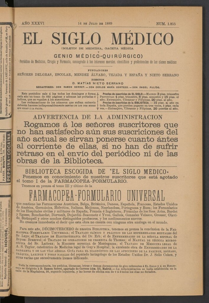 Miniatura de El Siglo Médico: boletín de medicina y gaceta médica del 14 de julio de 1889