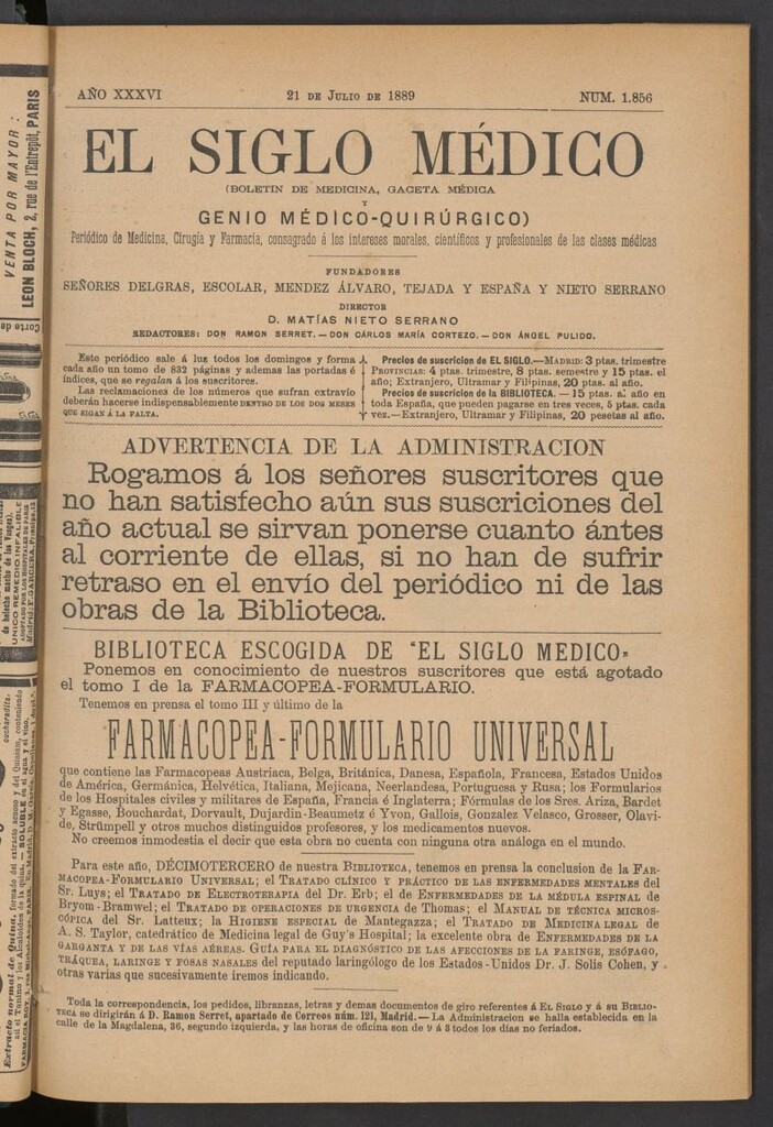 Miniatura de El Siglo Médico: boletín de medicina y gaceta médica del 21 de julio de 1889