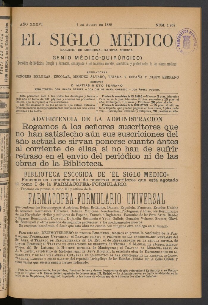 Miniatura de El Siglo Médico: boletín de medicina y gaceta médica del 4 de agosto de 1889