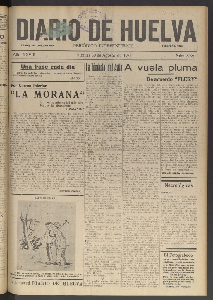 Miniatura de Diario de Huelva : periódico independiente del 30 de agosto de 1935