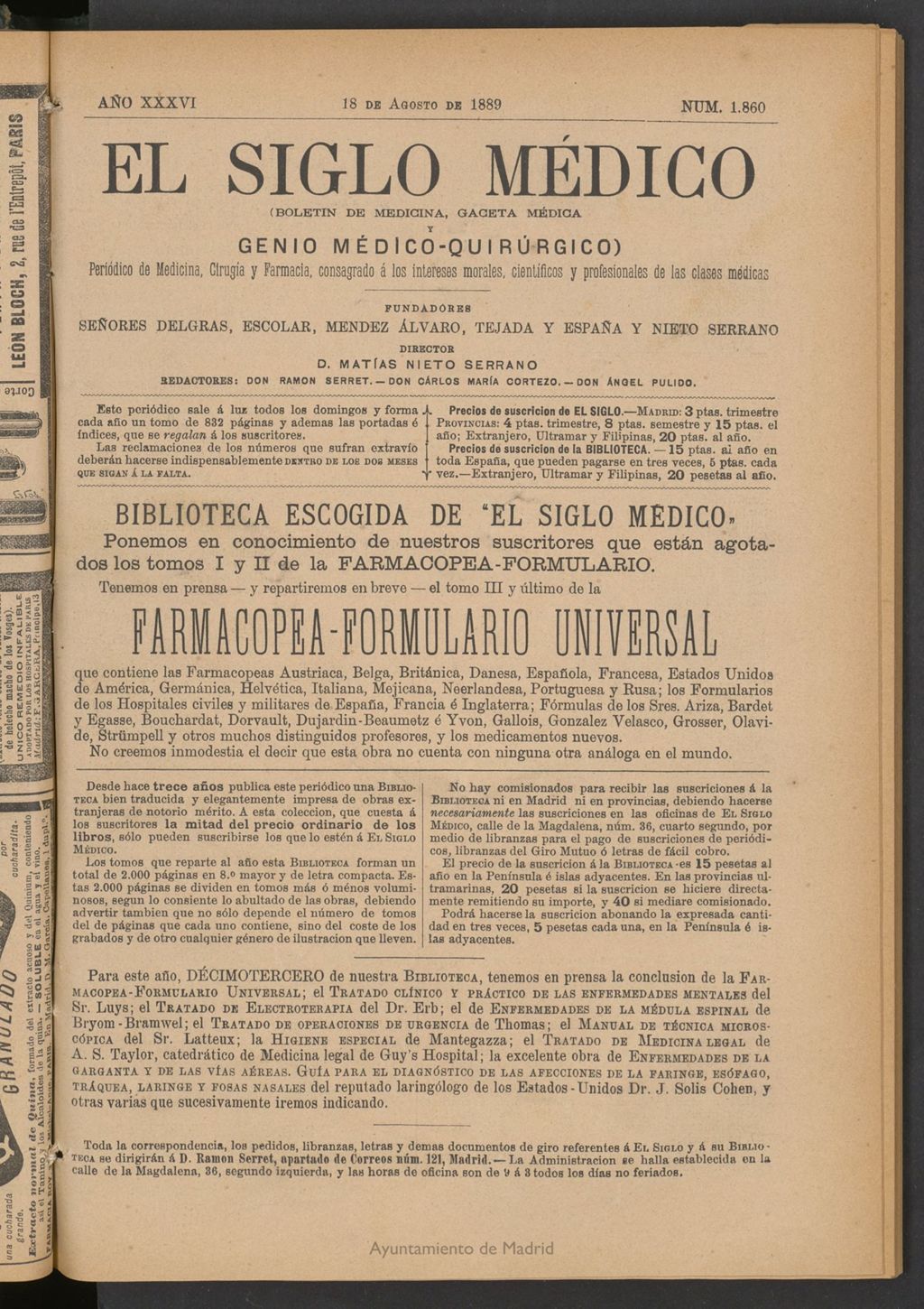 Miniatura de El Siglo Médico: boletín de medicina y gaceta médica del 18 de agosto de 1889