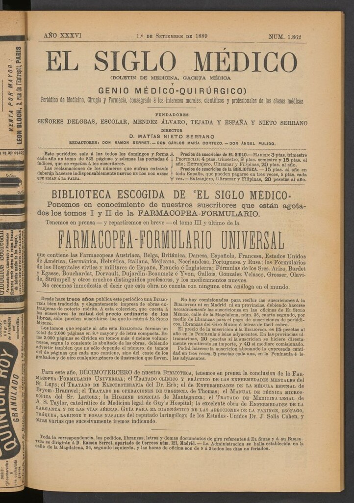 Miniatura de El Siglo Médico: boletín de medicina y gaceta médica del 1 de septiembre de 1889