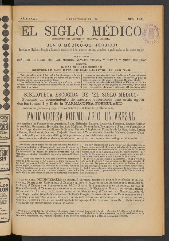 Miniatura de El Siglo Médico: boletín de medicina y gaceta médica del 8 de septiembre de 1889