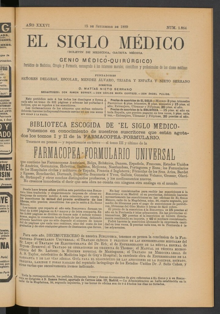 Miniatura de El Siglo Médico: boletín de medicina y gaceta médica del 15 de septiembre de 1889