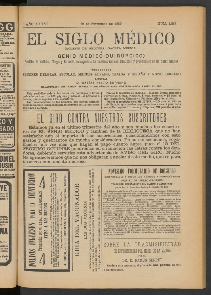 Miniatura de El Siglo Médico: boletín de medicina y gaceta médica del 29 de septiembre de 1889