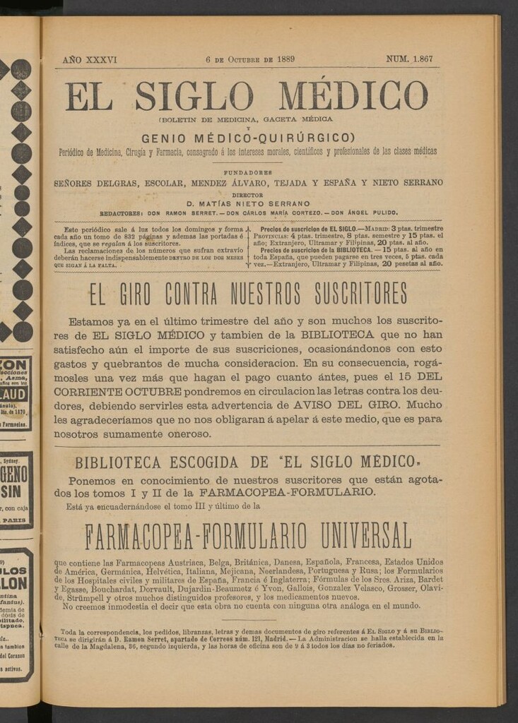 Miniatura de El Siglo Médico: boletín de medicina y gaceta médica del 6 de octubre de 1889
