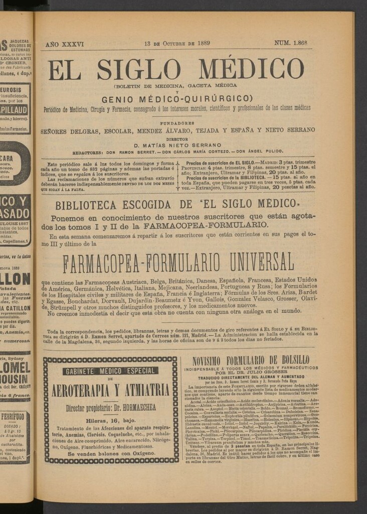 Miniatura de El Siglo Médico: boletín de medicina y gaceta médica del 13 de octubre de 1889