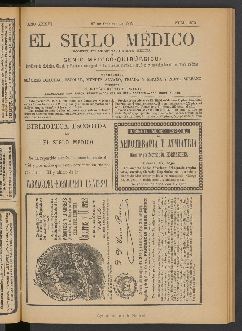 Miniatura de El Siglo Médico: boletín de medicina y gaceta médica del 27 de octubre de 1889