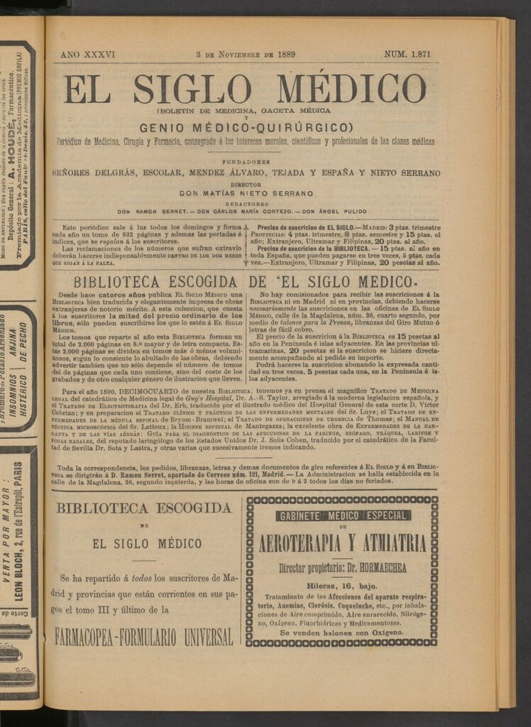 Miniatura de El Siglo Médico: boletín de medicina y gaceta médica del 3 de noviembre de 1889