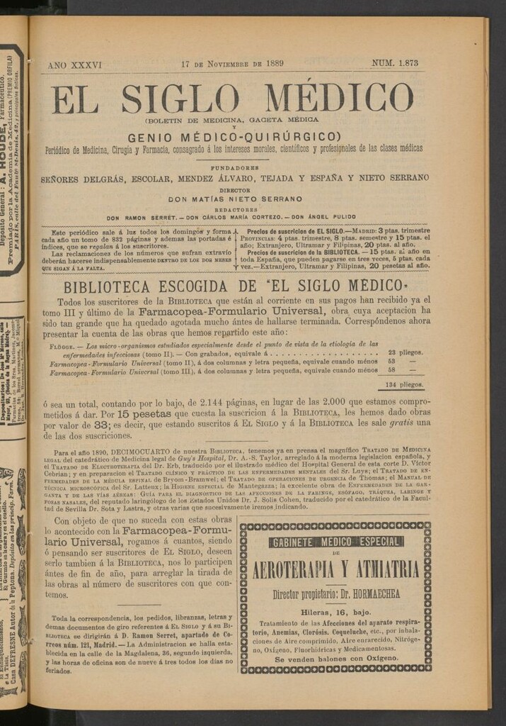Miniatura de El Siglo Médico: boletín de medicina y gaceta médica del 17 de noviembre de 1889
