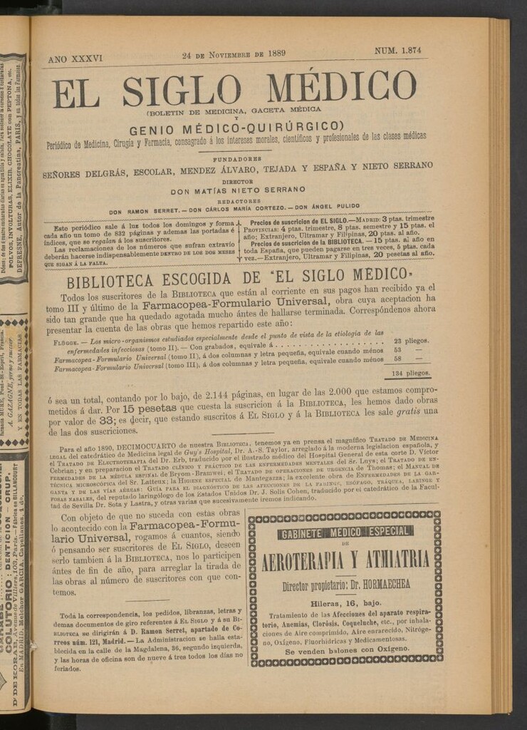 Miniatura de El Siglo Médico: boletín de medicina y gaceta médica del 24 de noviembre de 1889
