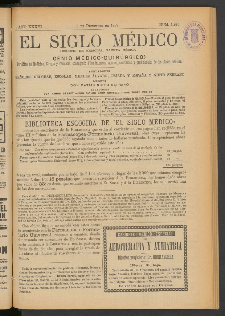 Miniatura de El Siglo Médico: boletín de medicina y gaceta médica del 8 de diciembre de 1889