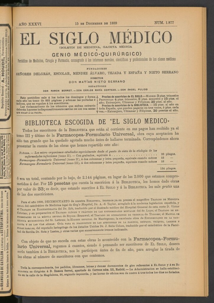 Miniatura de El Siglo Médico: boletín de medicina y gaceta médica del 15 de diciembre de 1889