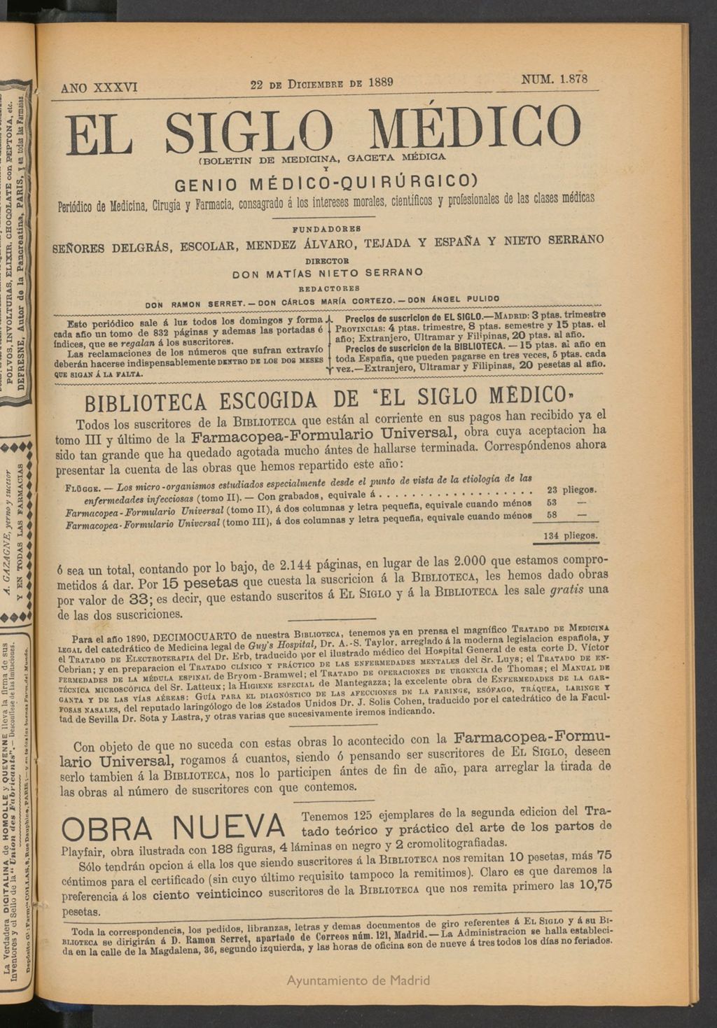 Miniatura de El Siglo Médico: boletín de medicina y gaceta médica del 22 de diciembre de 1889