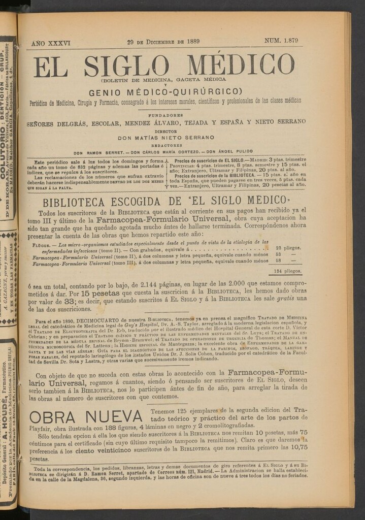 Miniatura de El Siglo Médico: boletín de medicina y gaceta médica del 29 de diciembre de 1889