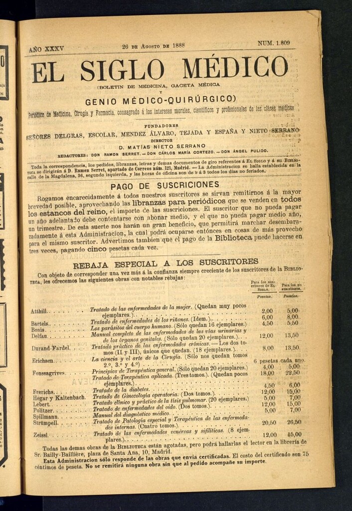 Miniatura de El Siglo Médico: boletín de medicina y gaceta médica del 26 de agosto de 1888