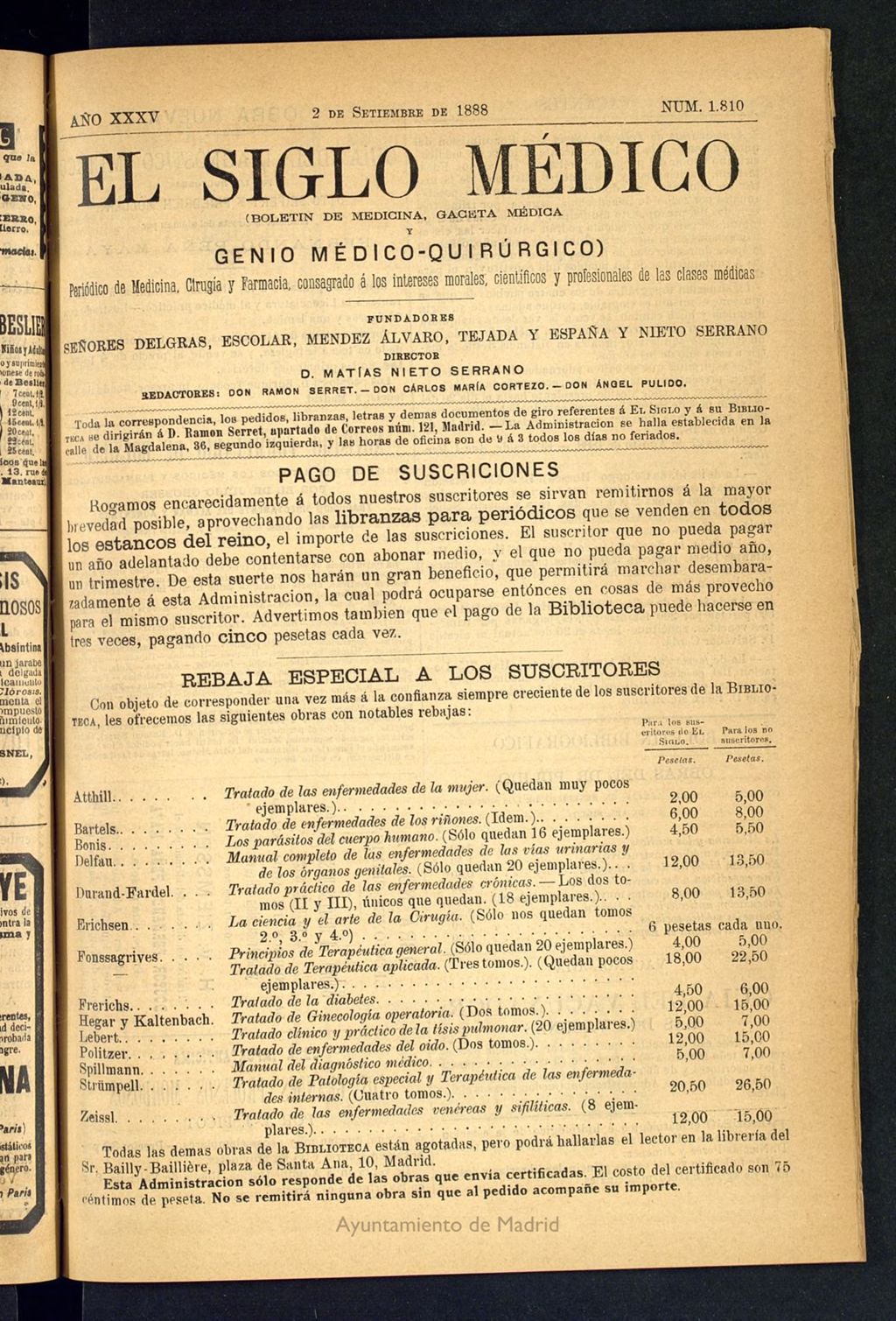 Miniatura de El Siglo Médico: boletín de medicina y gaceta médica del 2 de septiembre de 1888