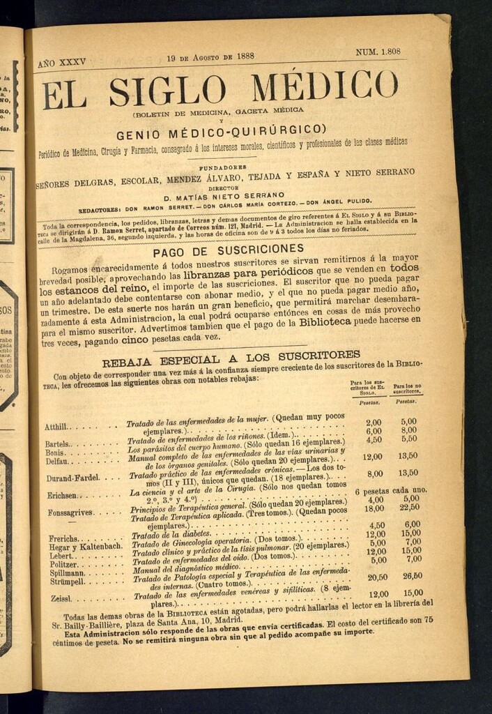 Miniatura de El Siglo Médico: boletín de medicina y gaceta médica del 19 de agosto de 1888