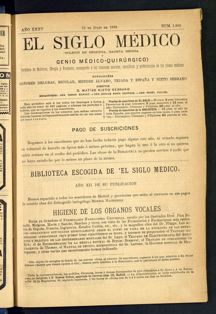 Miniatura de El Siglo Médico: boletín de medicina y gaceta médica del 15 de julio de 1888