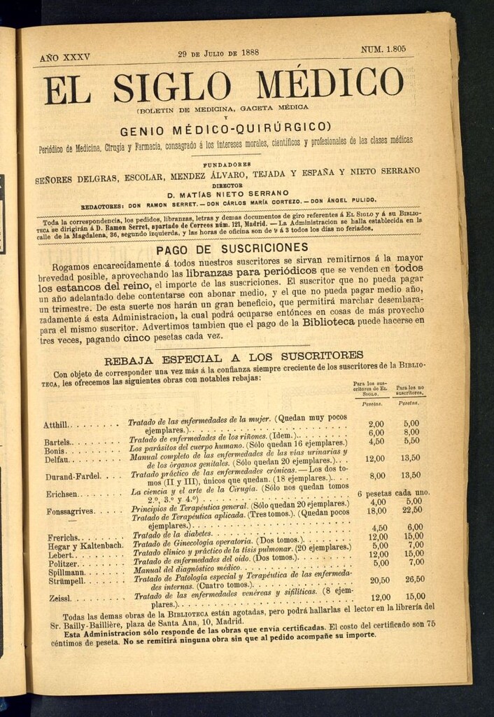Miniatura de El Siglo Médico: boletín de medicina y gaceta médica del 29 de julio de 1888