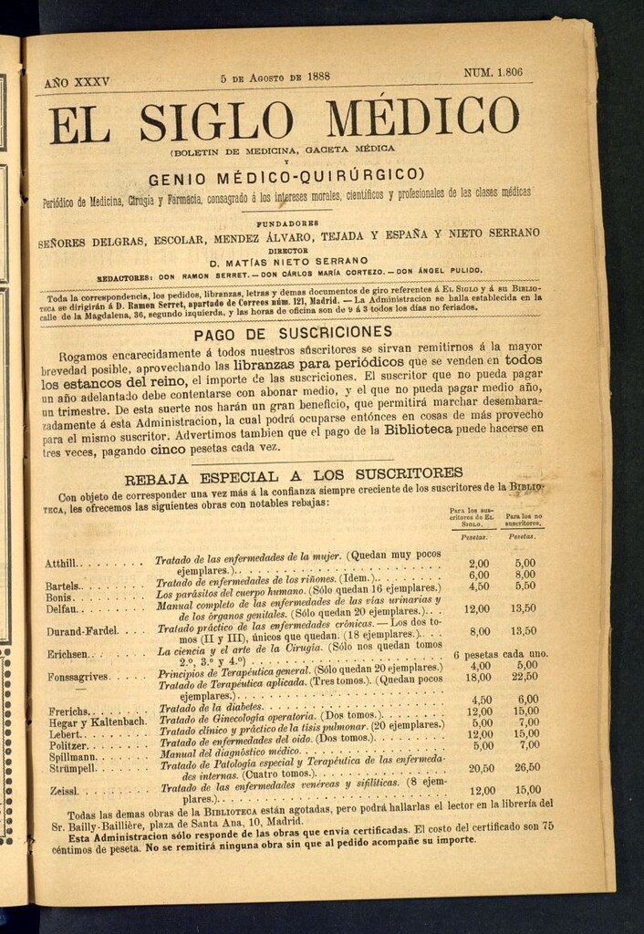 Miniatura de El Siglo Médico: boletín de medicina y gaceta médica del 5 de agosto de 1888