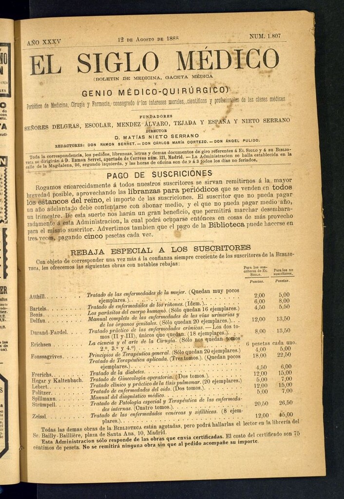 Miniatura de El Siglo Médico: boletín de medicina y gaceta médica del 12 de agosto de 1888