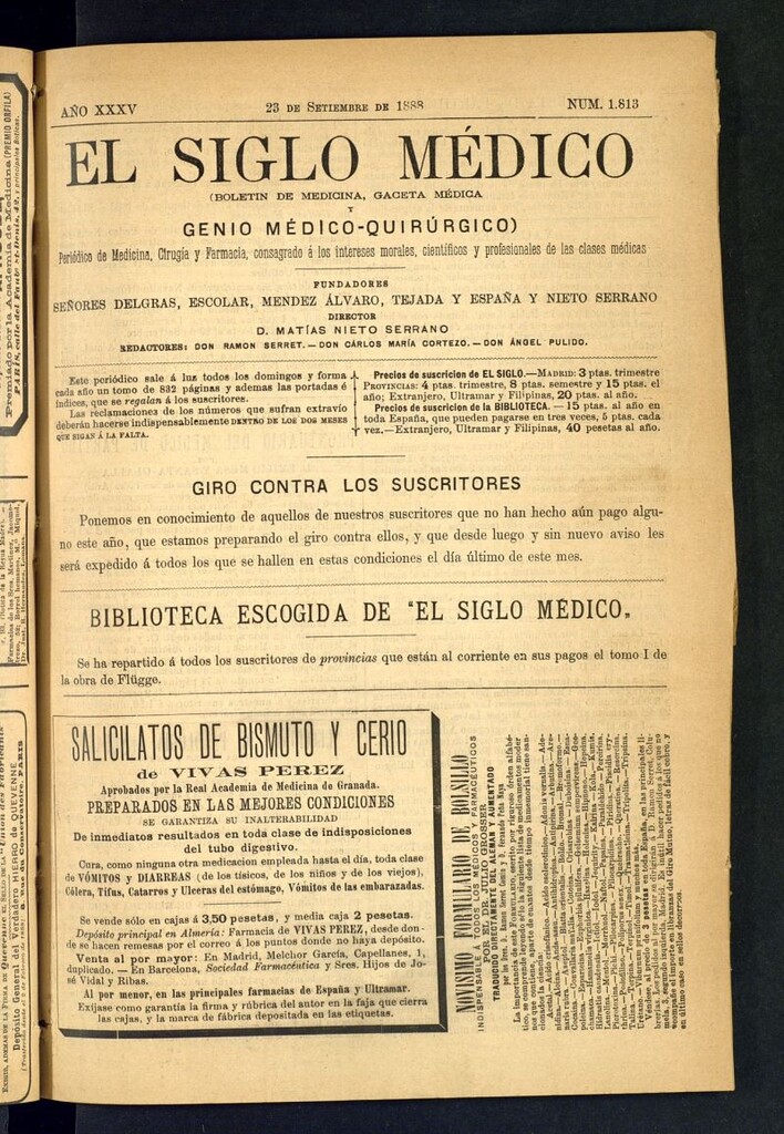 Miniatura de El Siglo Médico: boletín de medicina y gaceta médica del 23 de septiembre de 1888