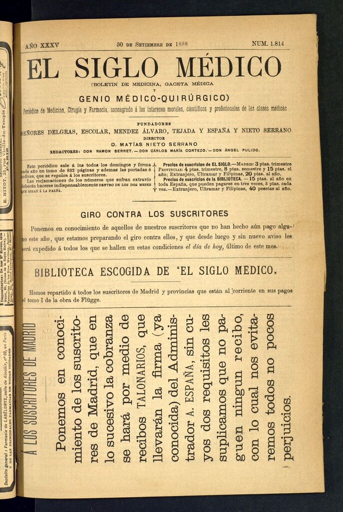 Miniatura de El Siglo Médico: boletín de medicina y gaceta médica del 30 de septiembre de 1888