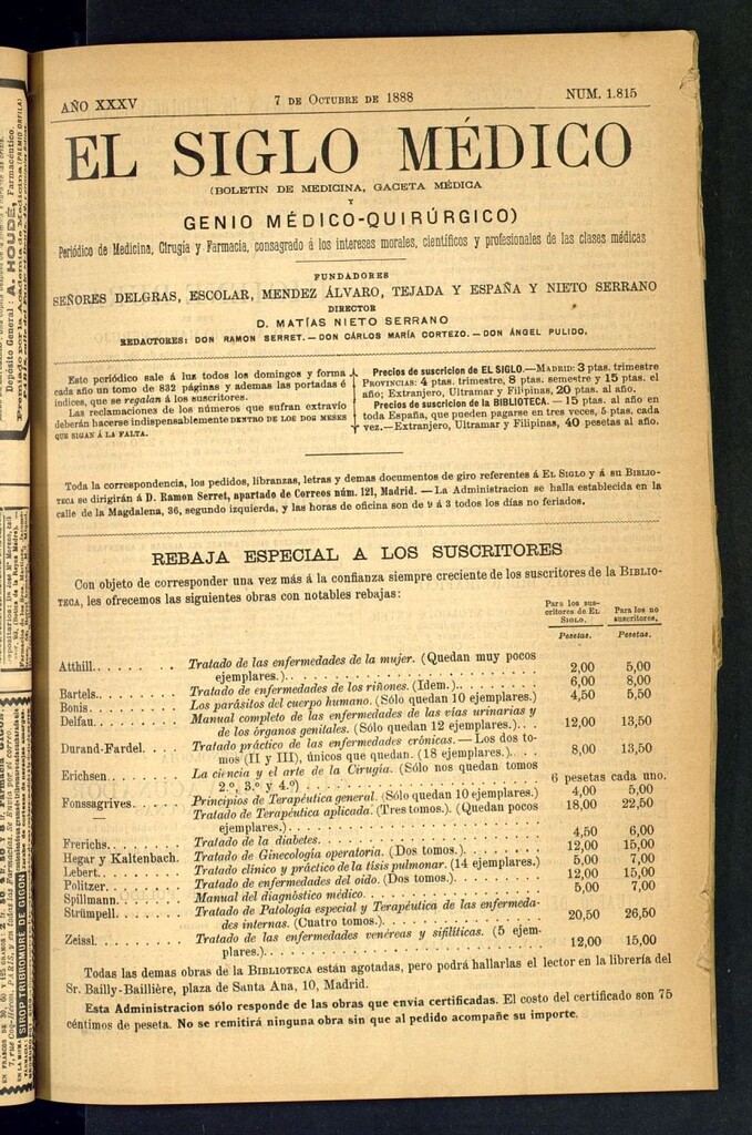 Miniatura de El Siglo Médico: boletín de medicina y gaceta médica del 7 de octubre de 1888