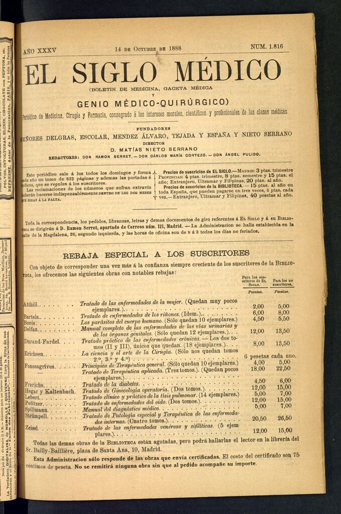 Miniatura de El Siglo Médico: boletín de medicina y gaceta médica del 14 de octubre de 1888