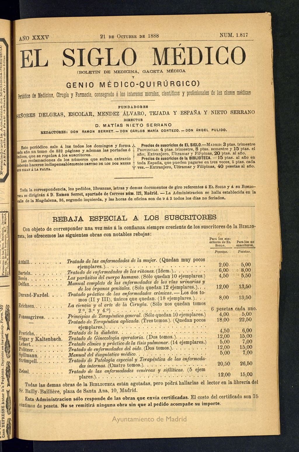 Miniatura de El Siglo Médico: boletín de medicina y gaceta médica del 21 de octubre de 1888