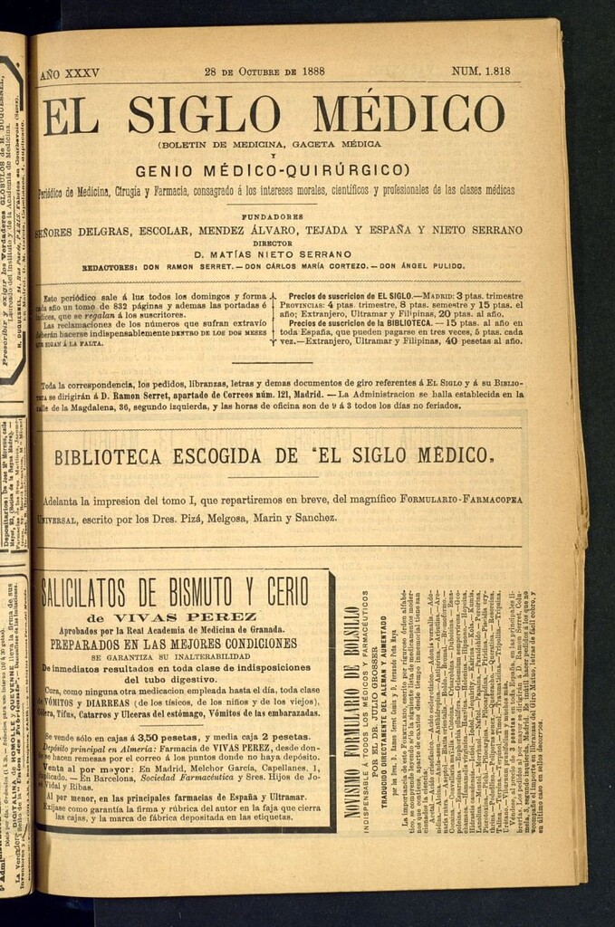 Miniatura de El Siglo Médico: boletín de medicina y gaceta médica del 28 de octubre de 1888