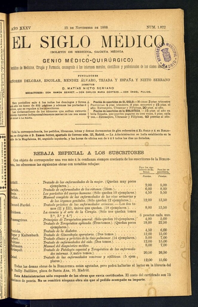 Miniatura de El Siglo Médico: boletín de medicina y gaceta médica del 25 de noviembre de 1888