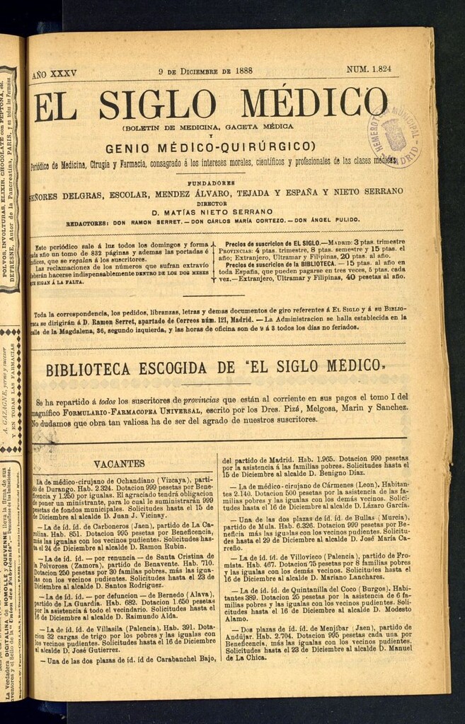 Miniatura de El Siglo Médico: boletín de medicina y gaceta médica del 9 de diciembre de 1888
