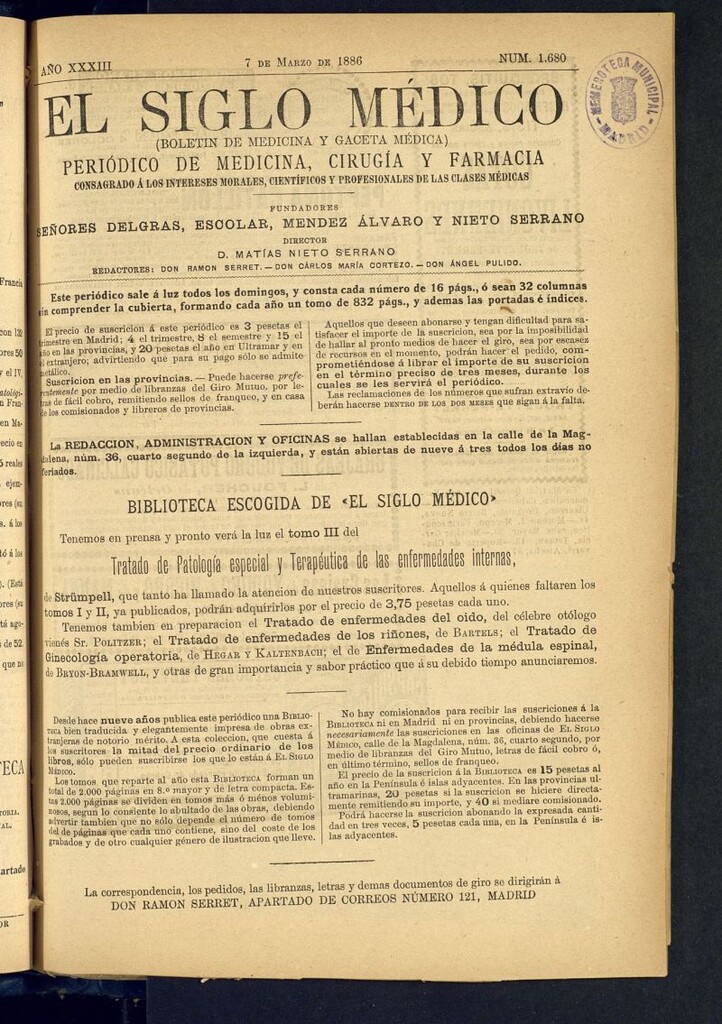 Miniatura de El Siglo Médico : boletín de medicina y gaceta médica del 7 de marzo de 1886