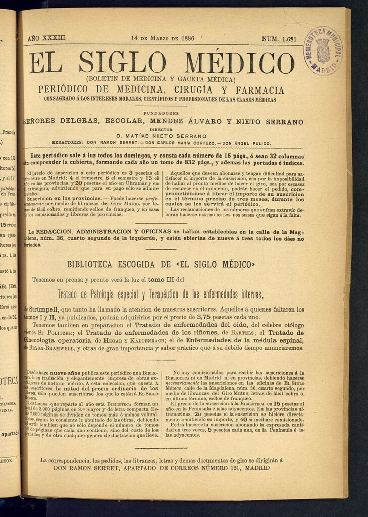 Miniatura de El Siglo Médico : boletín de medicina y gaceta médica del 14 de marzo de 1886