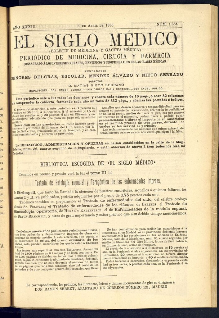 Miniatura de El Siglo Médico : boletín de medicina y gaceta médica del 4 de abril de 1886